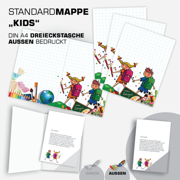 STANDARDMAPPE "KIDS" mit DREIECKSTASCHE  DINA4 4/0 farbig bedruckt