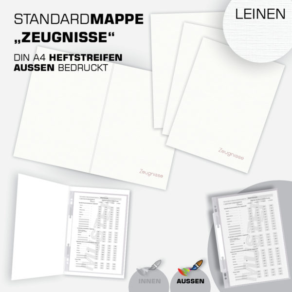STANDARDMAPPE "ZEUGNISSE" LEINEN mit HEFTSTREIFEN  DINA4 4/0 farbig bedruckt